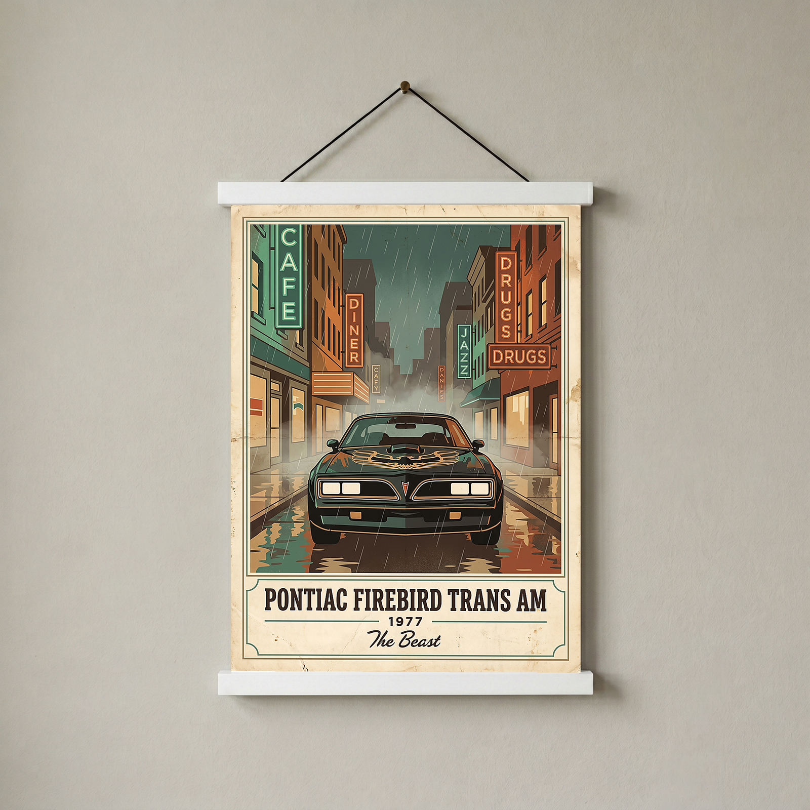 Pontiac Firebird Trans Am 1977 Poster — Vintage Muscle Bandit Rainy Noir Street Print