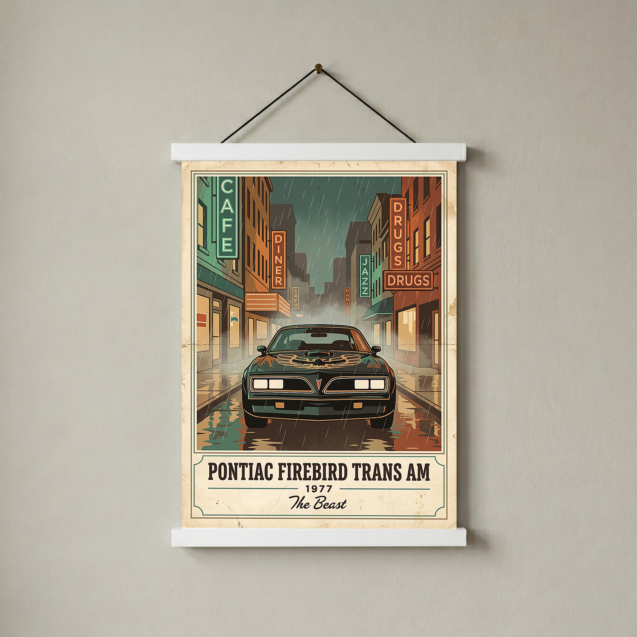 Pontiac Firebird Trans Am 1977 Poster — Vintage Muscle Bandit Rainy Noir Street Print