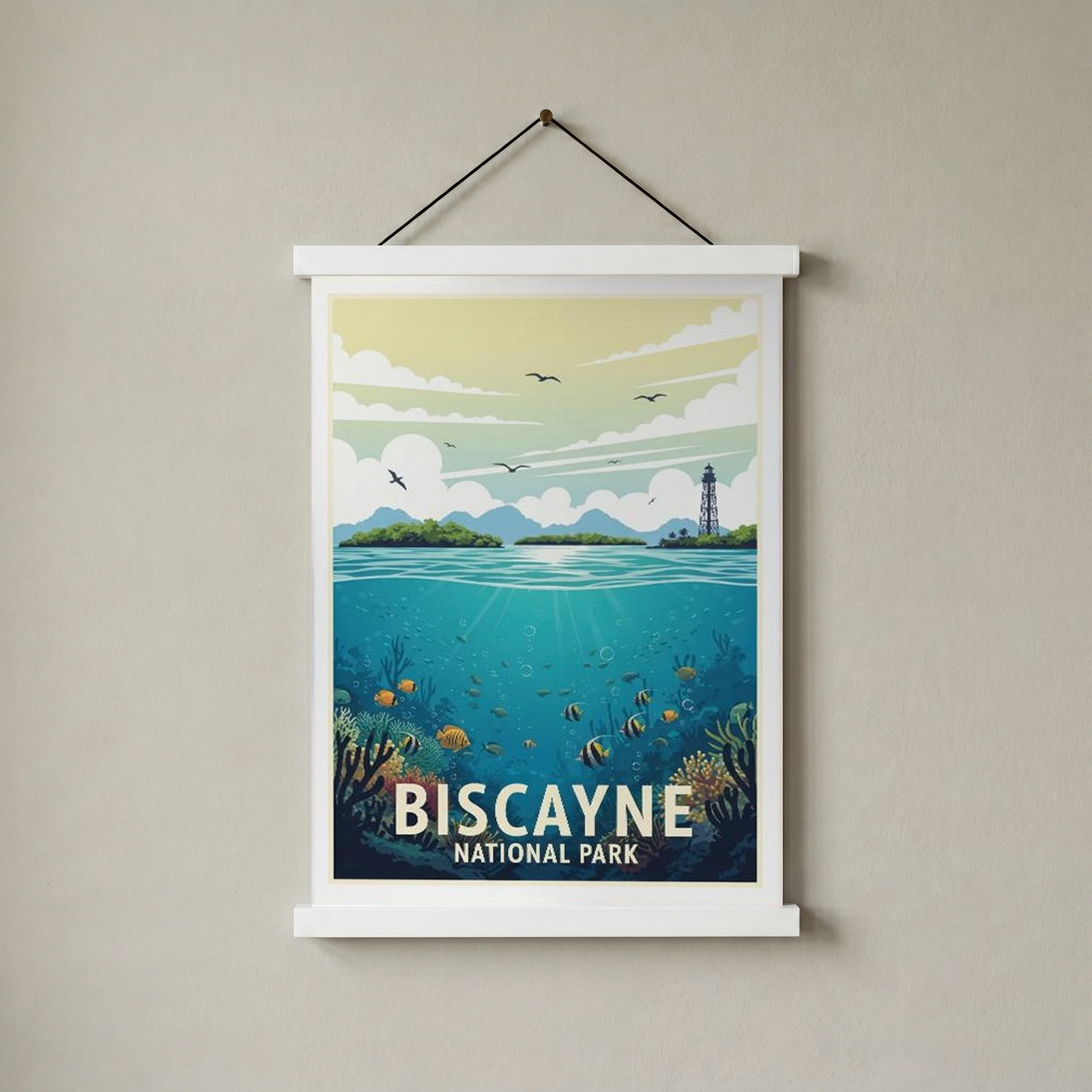 Biscayne National Park Poster — Vintage Florida Coral Reef Lighthouse Print