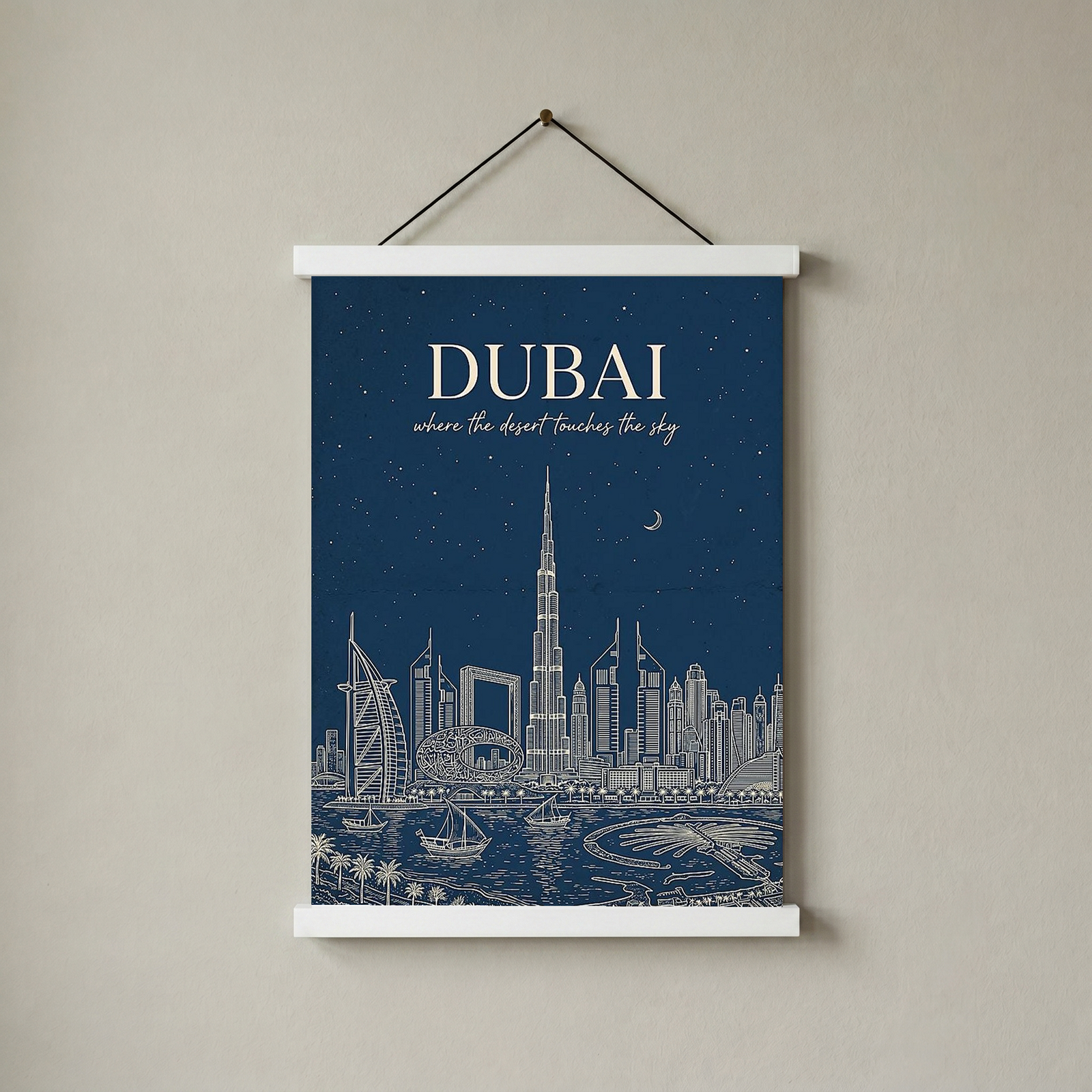 Dubai Line Art Print — Navy Burj Khalifa Skyline Wall Art