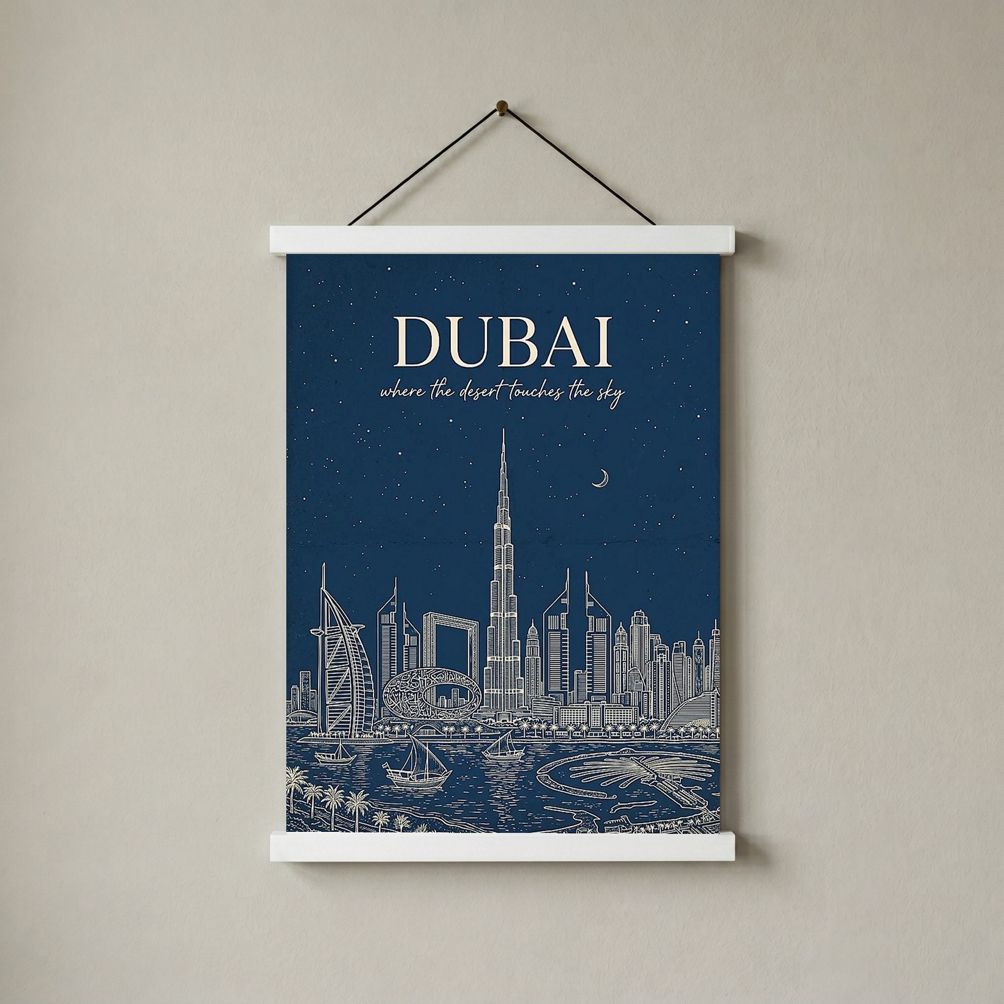 Dubai Line Art Print — Navy Burj Khalifa Skyline Wall Art