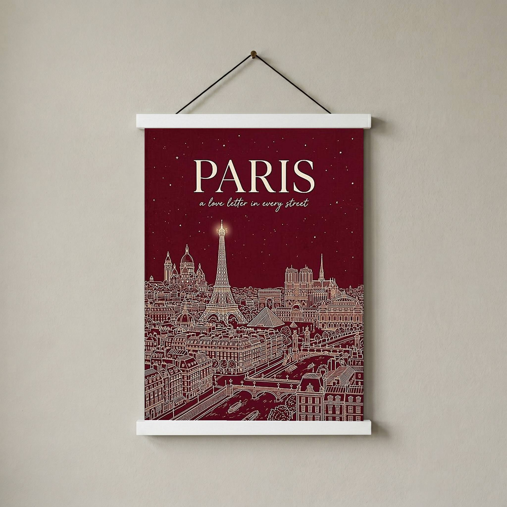 Paris Line Art Print — Burgundy Eiffel Tower Skyline Wall Art