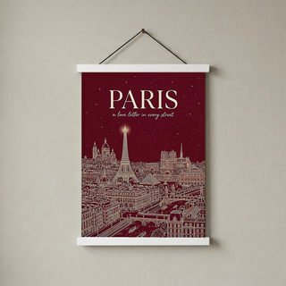 Paris Line Art Print — Burgundy Eiffel Tower Skyline Wall Art