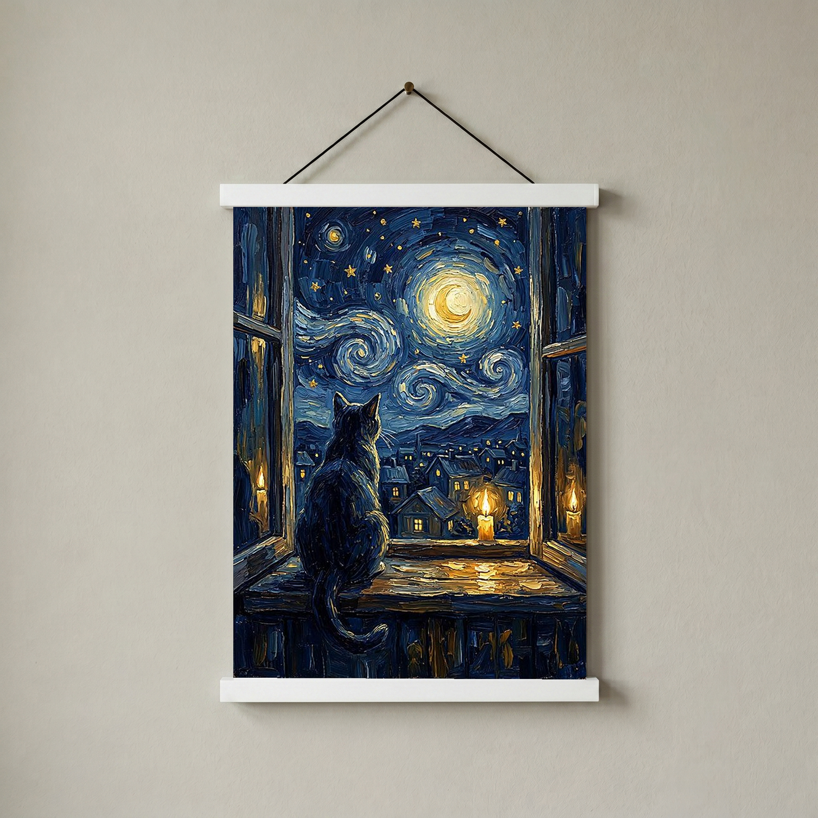 Cat at Candlelit Window Print — Van Gogh Starry Night Village Wall Art