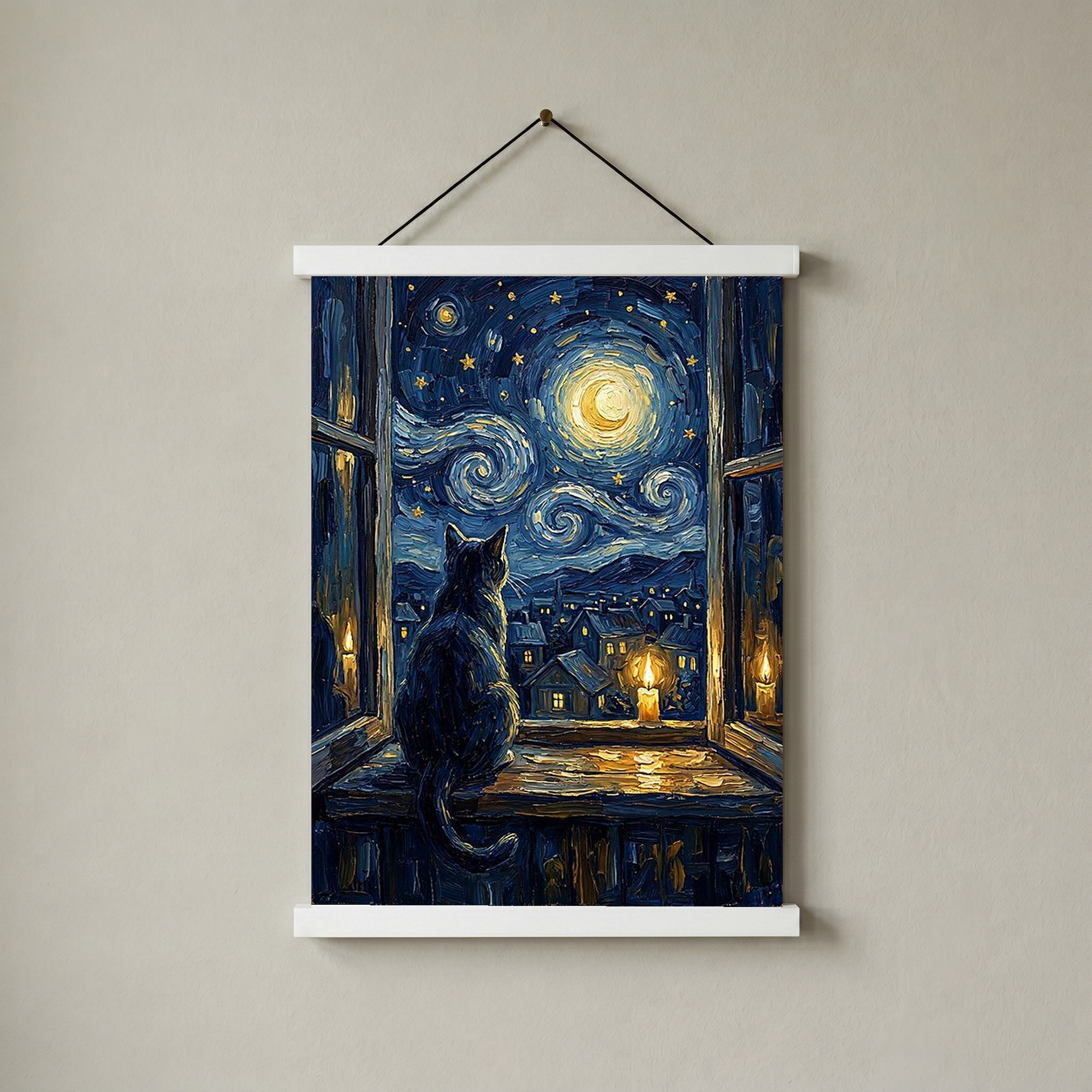 Cat at Candlelit Window Print — Van Gogh Starry Night Village Wall Art