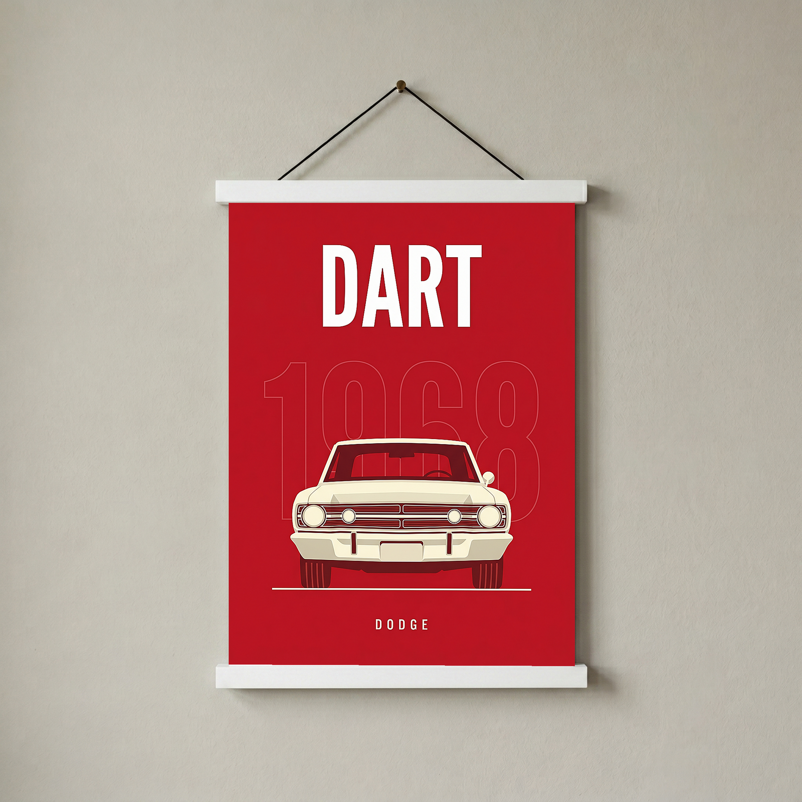 Dodge Dart 1968 Minimalist Poster — Ivory on Cherry Red Muscle Line Art