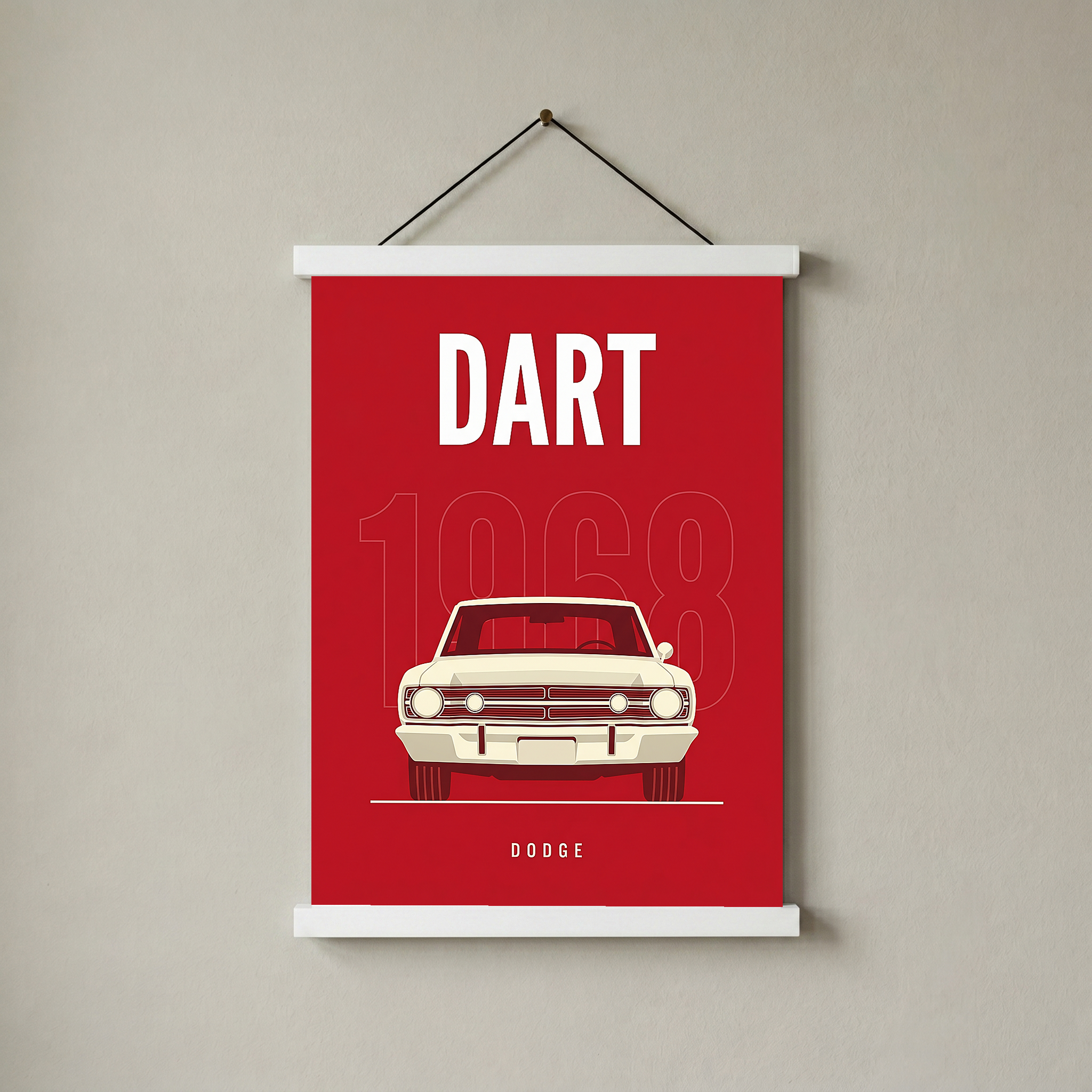 Dodge Dart 1968 Minimalist Poster — Ivory on Cherry Red Muscle Line Art
