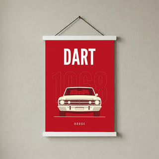 Dodge Dart 1968 Minimalist Poster — Ivory on Cherry Red Muscle Line Art