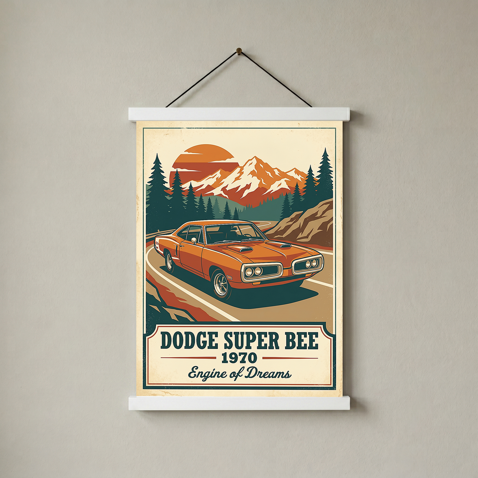 Dodge Super Bee 1970 V2 Poster — Vintage Muscle Mountain Pine Sunset Print