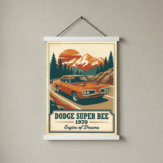 Dodge Super Bee 1970 V2 Poster — Vintage Muscle Mountain Pine Sunset Print