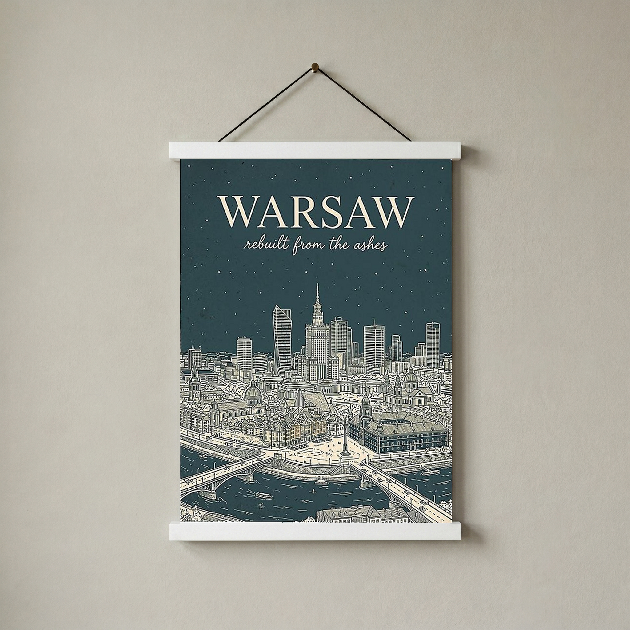 Warsaw Line Art Print — Slate Old Town Palace of Culture Skyline Wall Art