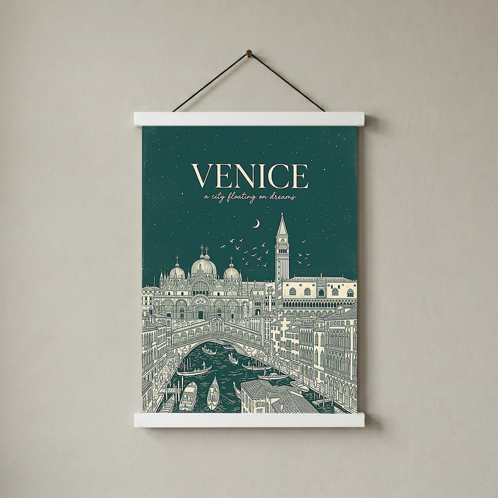 Venice Line Art Print — Forest Green St. Mark's Basilica Rialto Bridge Wall Art