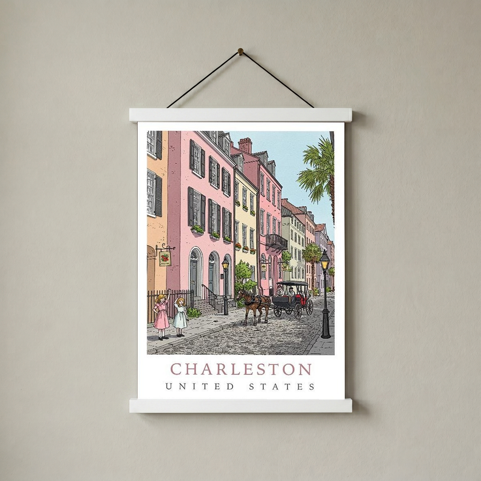 Charleston SC Travel Poster — Rainbow Row Carriage Ride Pastel Print