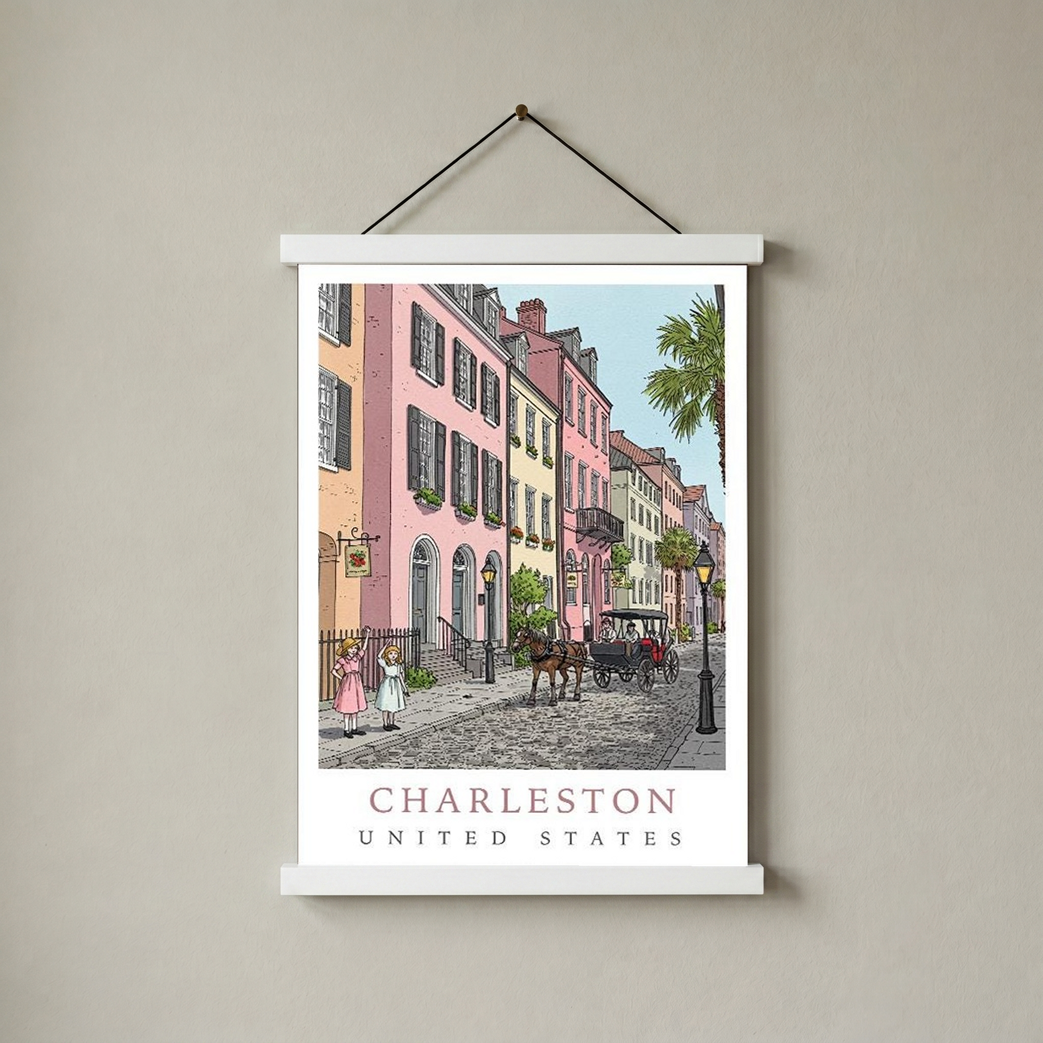 Charleston SC Travel Poster — Rainbow Row Carriage Ride Pastel Print