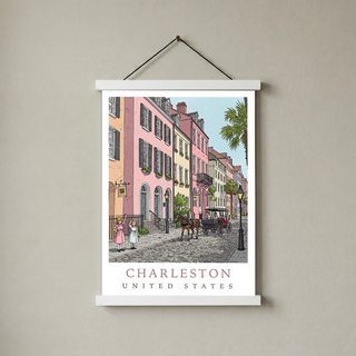 Charleston SC Travel Poster — Rainbow Row Carriage Ride Pastel Print