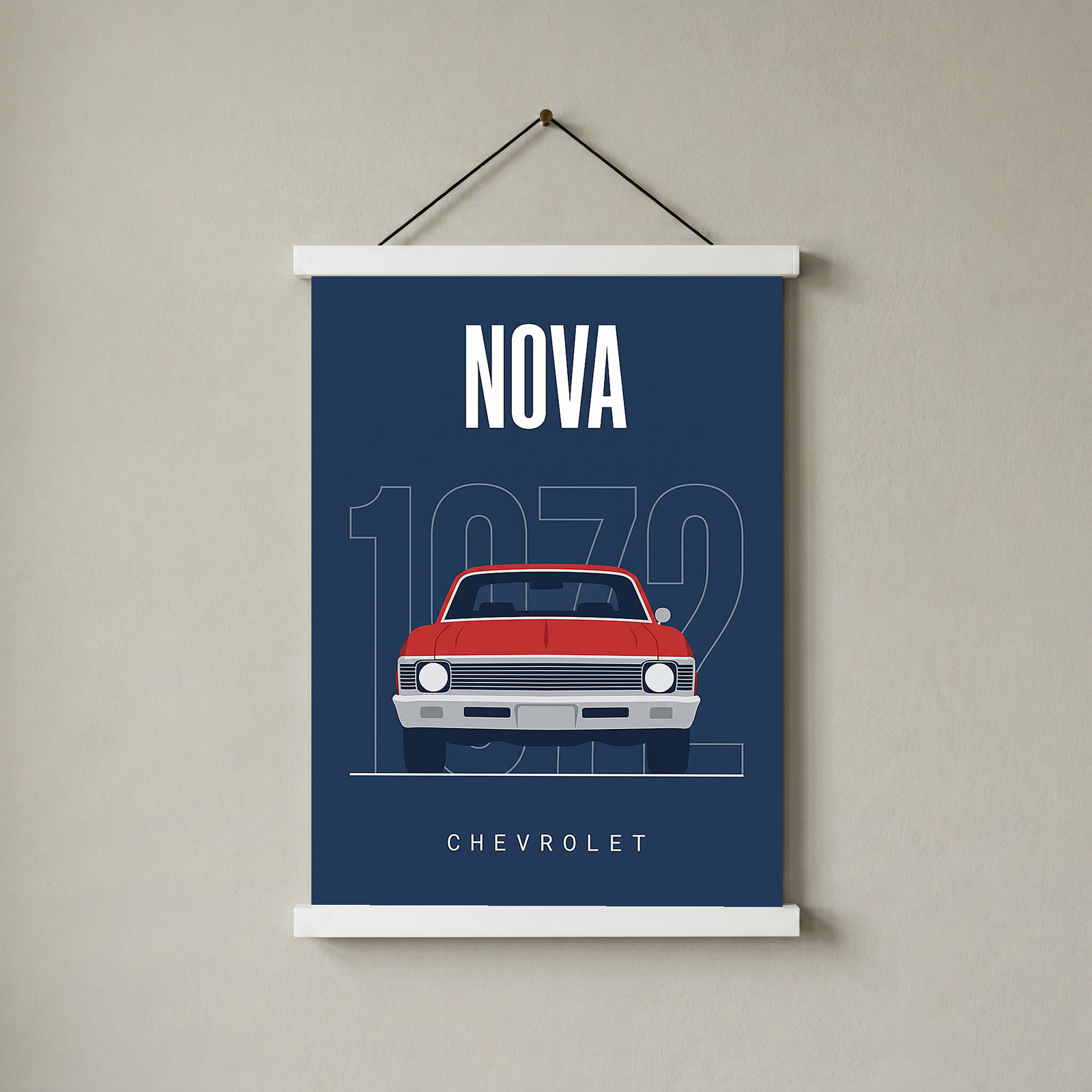 Chevrolet Nova 1972 Minimalist Poster — Red on Navy Compact Muscle Line Art