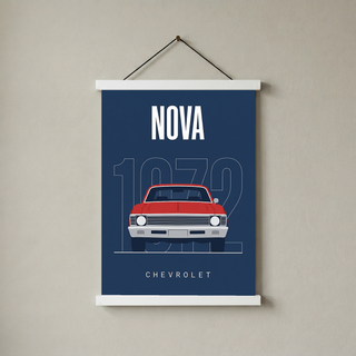 Chevrolet Nova 1972 Minimalist Poster — Red on Navy Compact Muscle Line Art