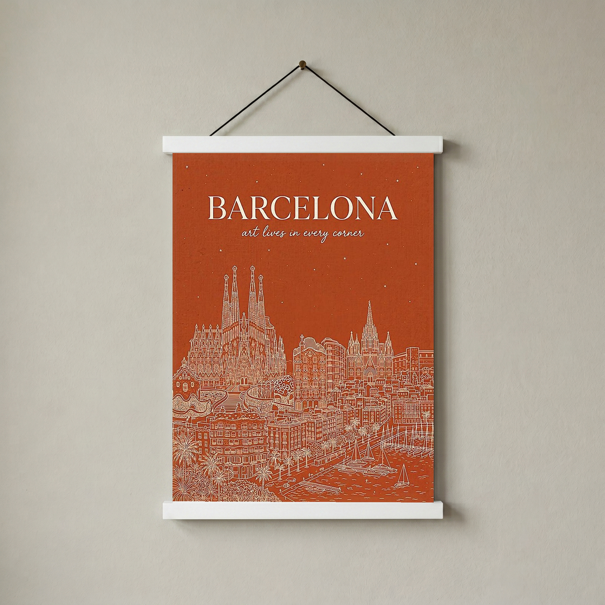Barcelona Line Art Print — Burnt Orange Sagrada Familia Skyline Wall Art