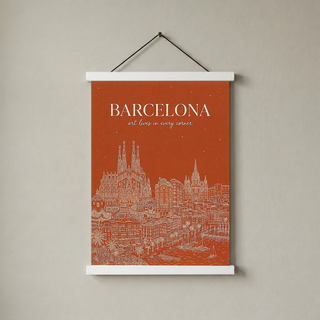 Barcelona Line Art Print — Burnt Orange Sagrada Familia Skyline Wall Art