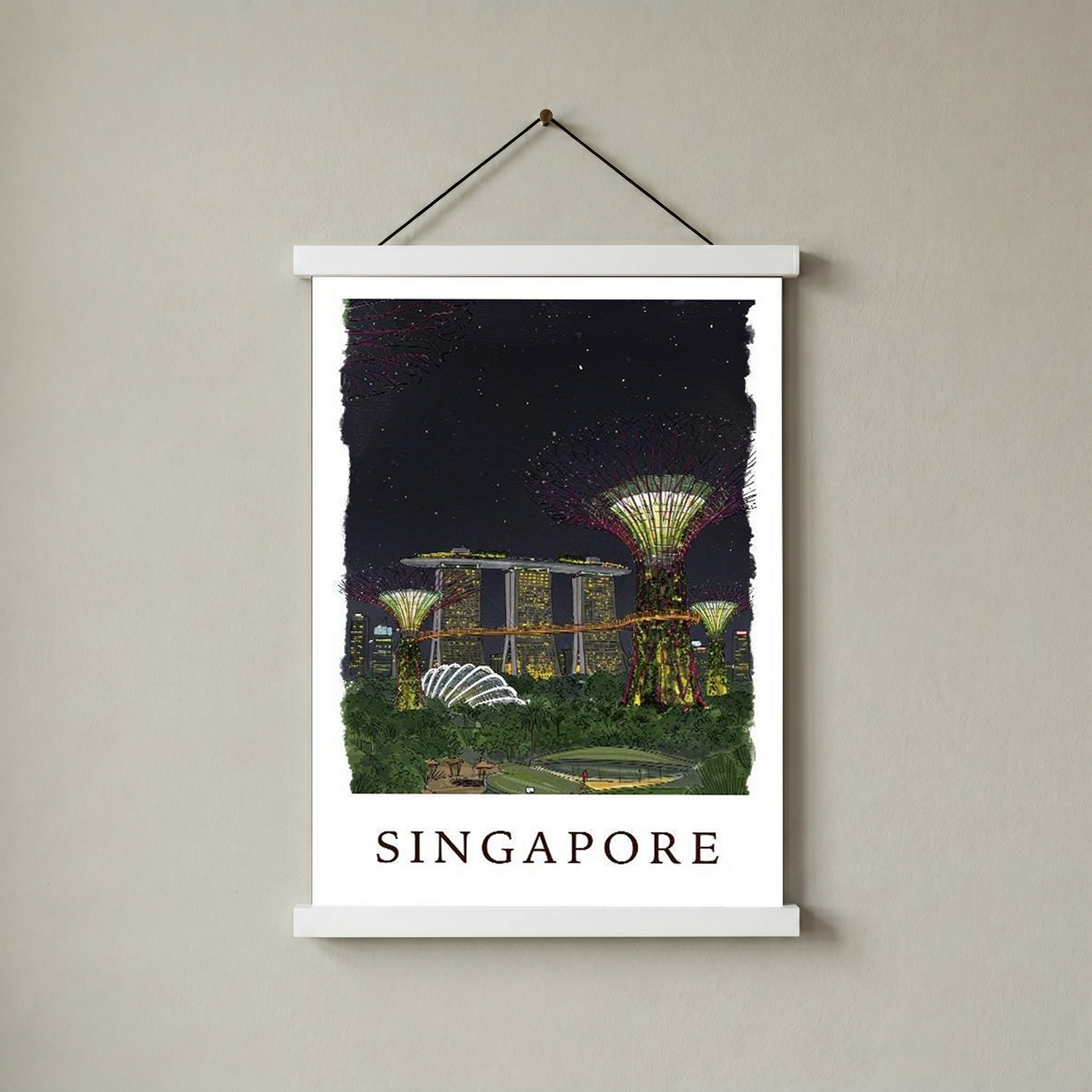 Singapore Travel Poster — Gardens by the Bay Marina Night Print