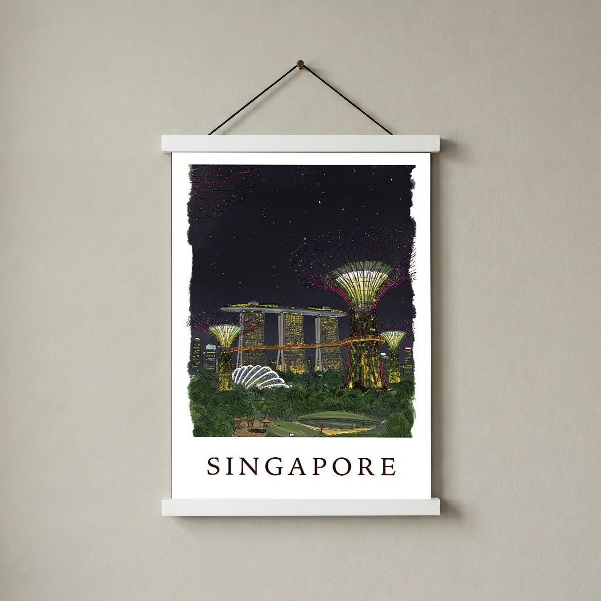 Singapore Travel Poster — Gardens by the Bay Marina Night Print