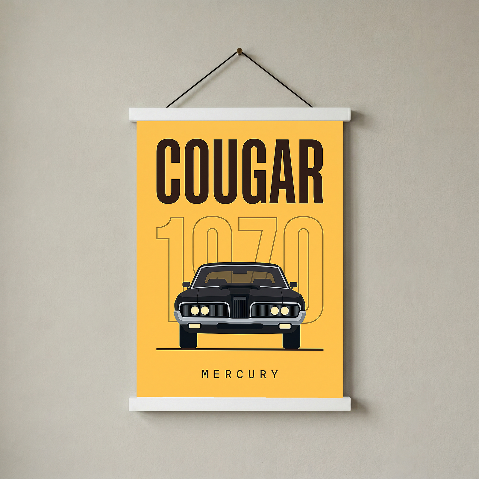 Mercury Cougar 1970 Minimalist Poster — Golden Yellow Muscle Car Line Art