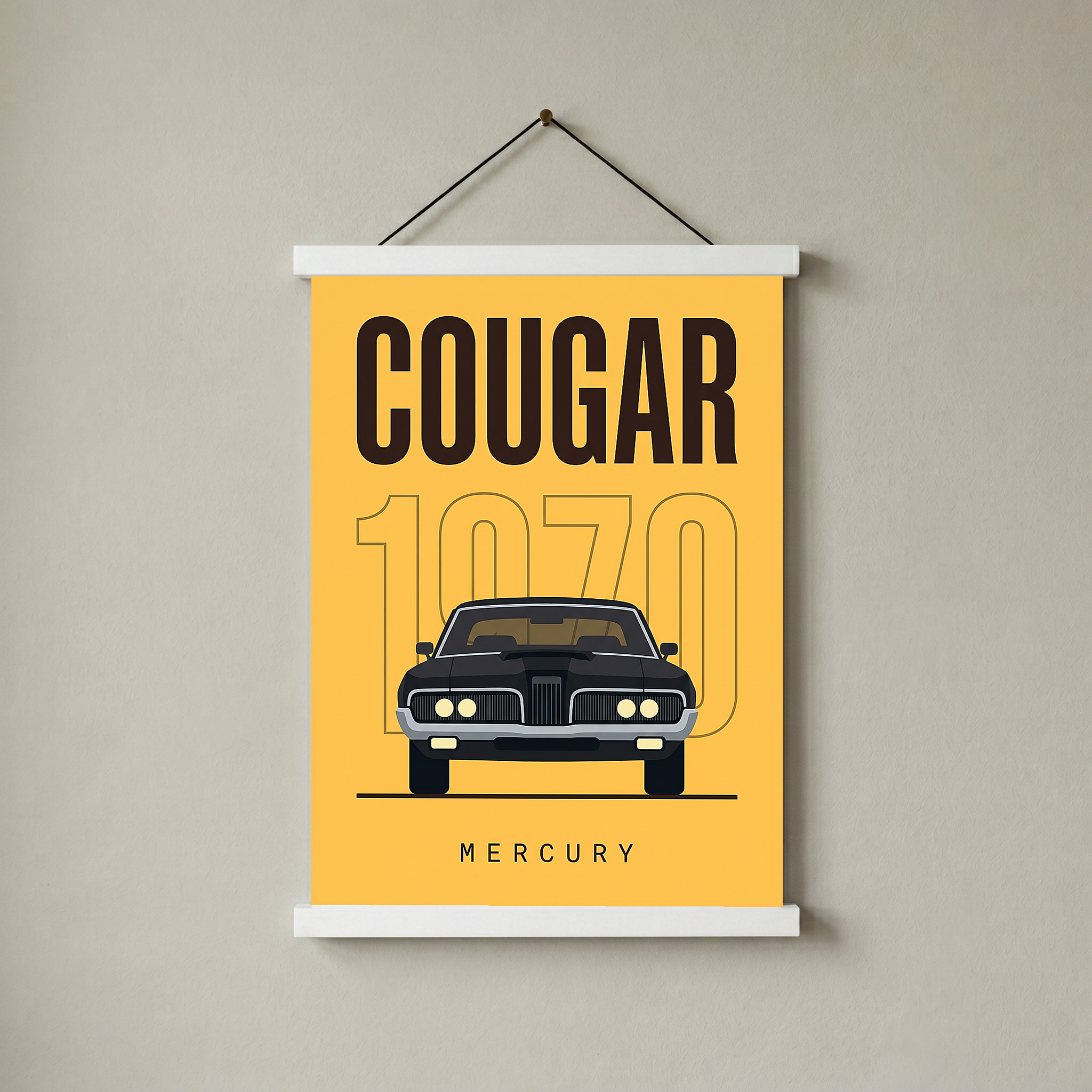 Mercury Cougar 1970 Minimalist Poster — Golden Yellow Muscle Car Line Art