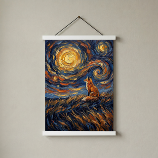 Lone Fox Starry Night Print — Van Gogh-Style Wildlife Hillside Wall Art