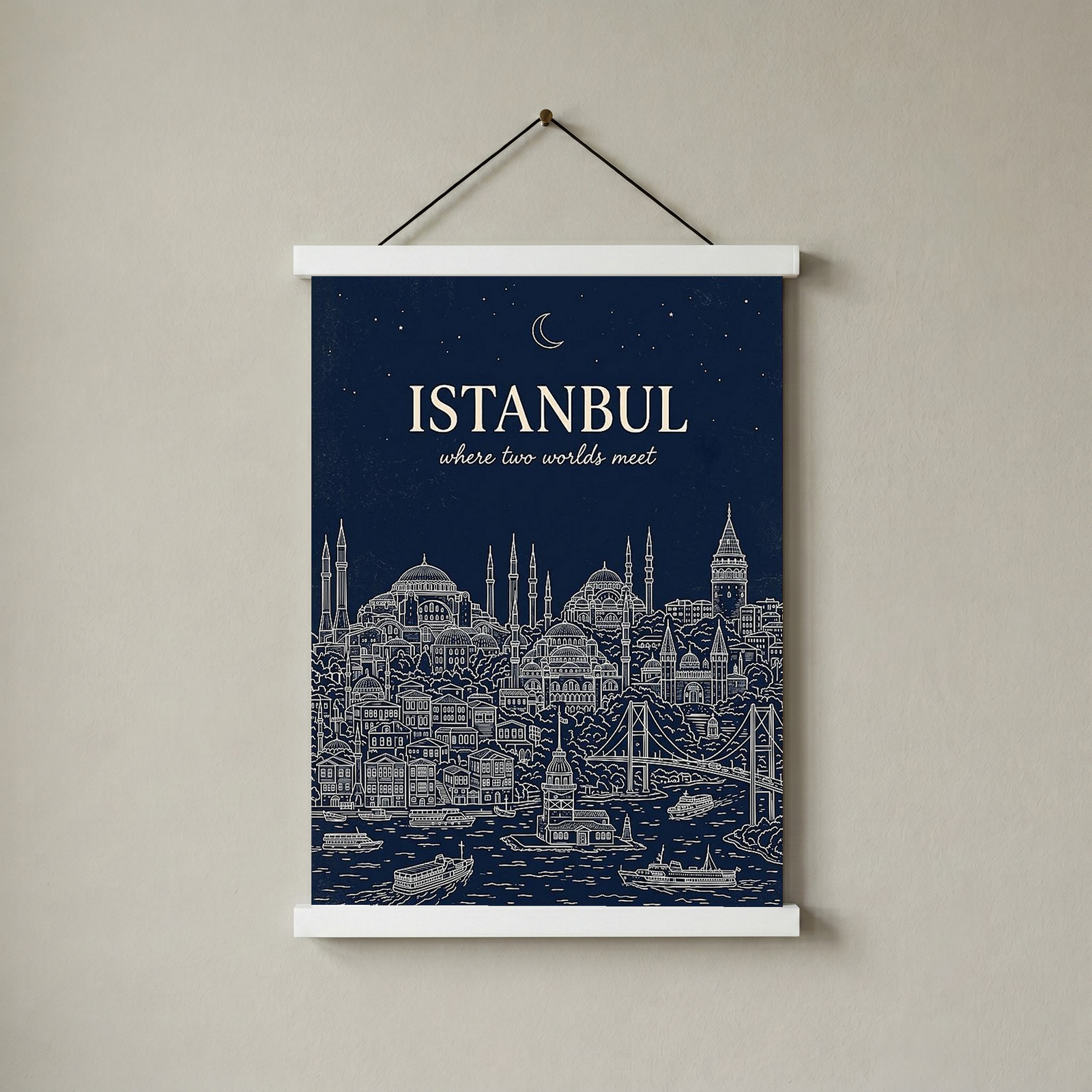 Istanbul Line Art Print — Navy Bosphorus Skyline Hagia Sophia Wall Art