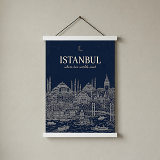 Istanbul Line Art Print — Navy Bosphorus Skyline Hagia Sophia Wall Art