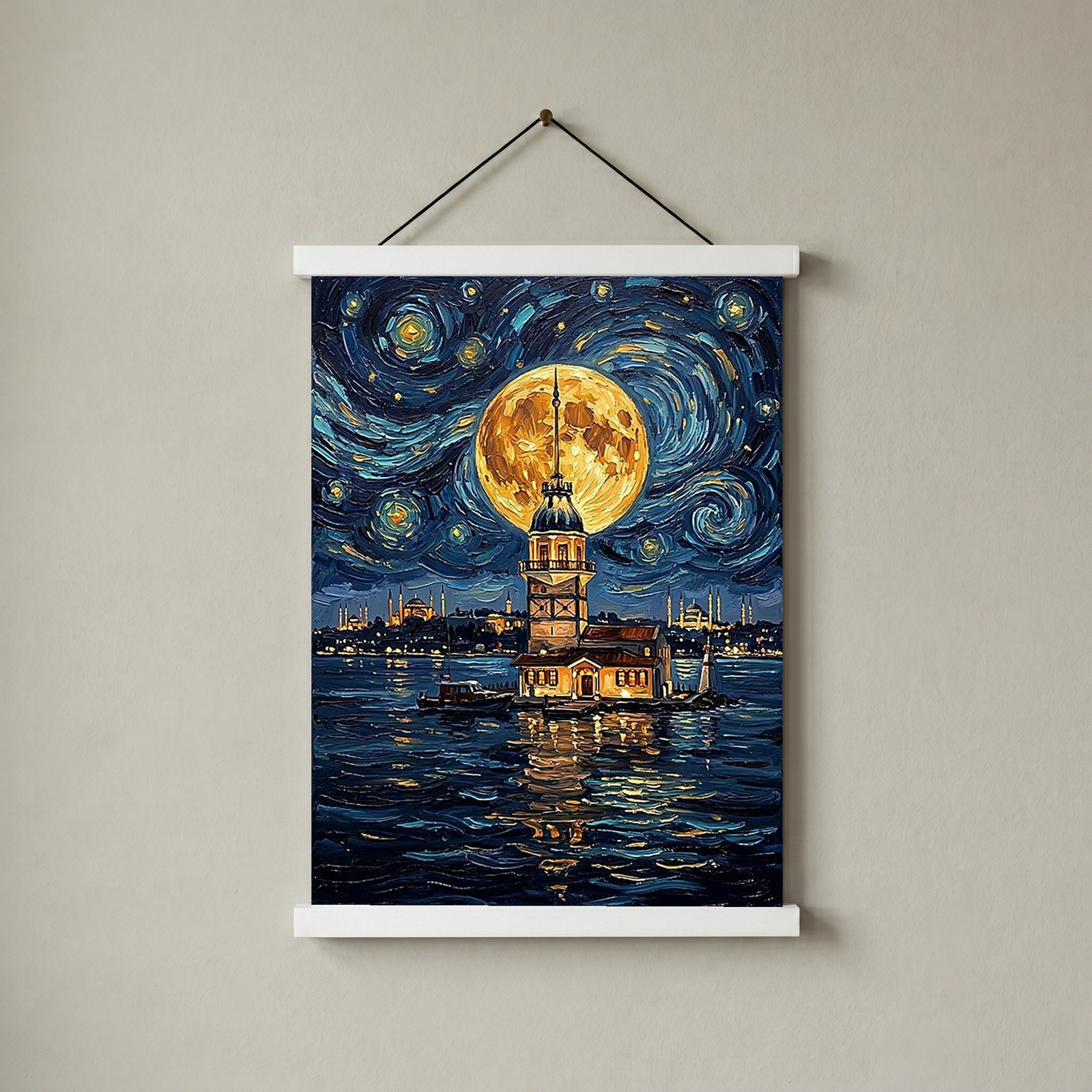 Maiden Tower Istanbul Full Moon Print — Van Gogh-Style Skyline Wall Art