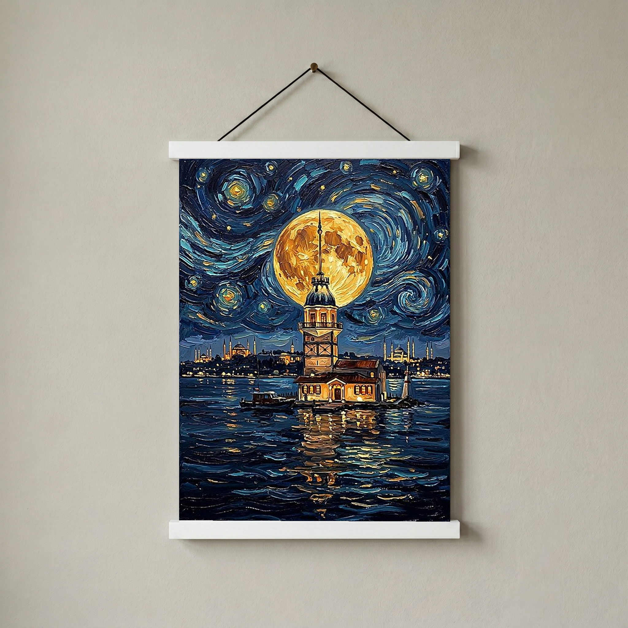 Maiden Tower Istanbul Full Moon Print — Van Gogh-Style Skyline Wall Art