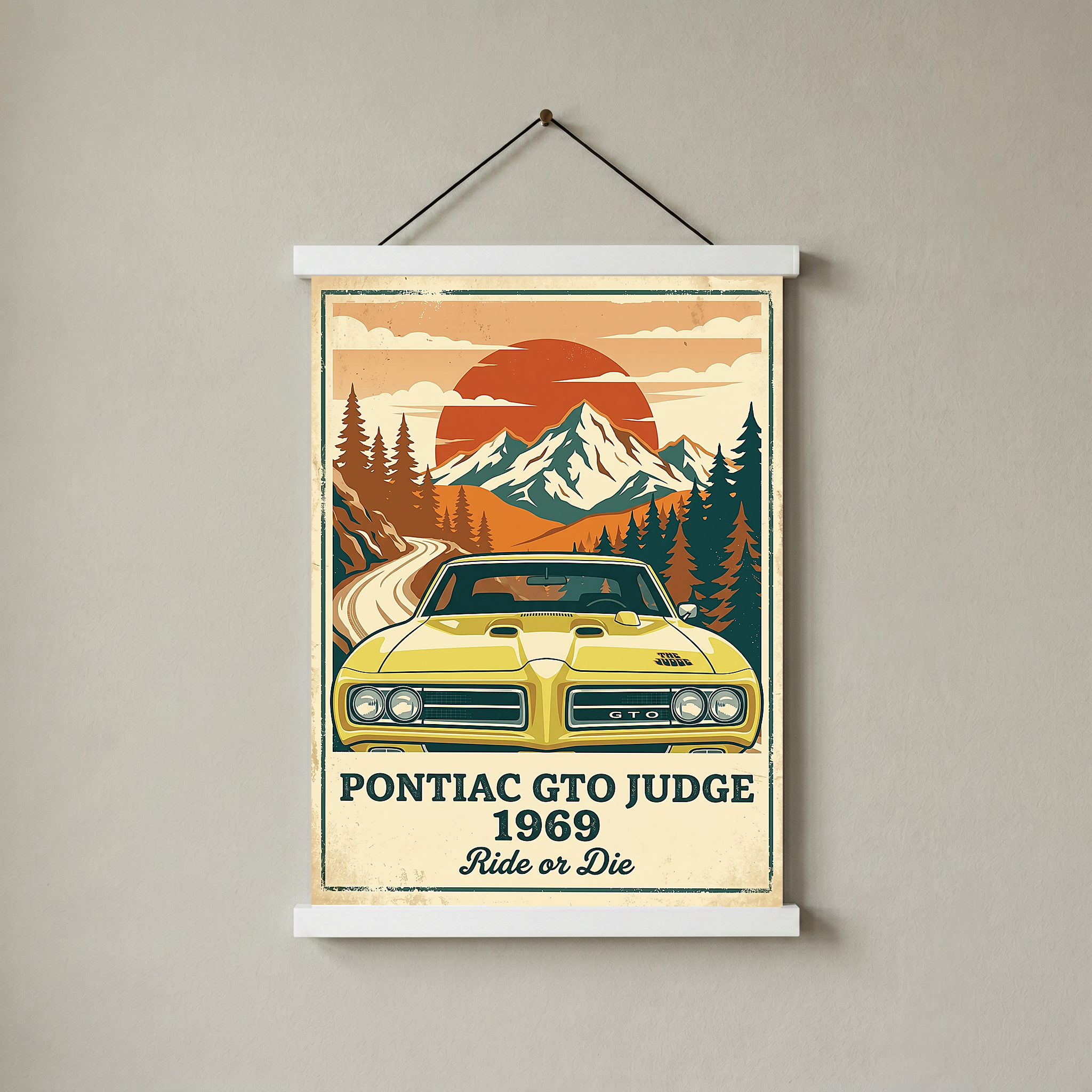 Pontiac GTO Judge 1969 Poster — Vintage Muscle Car Mountain Sunset Print
