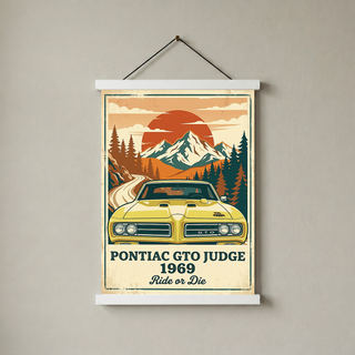 Pontiac GTO Judge 1969 Poster — Vintage Muscle Car Mountain Sunset Print