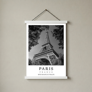 Paris Eiffel Tower Poster — Black and White France Coordinates Print