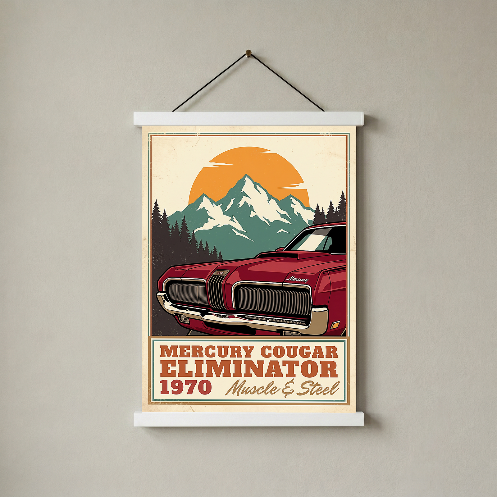 Mercury Cougar Eliminator 1970 V3 Poster — Vintage Muscle Front Grille Mountain Print
