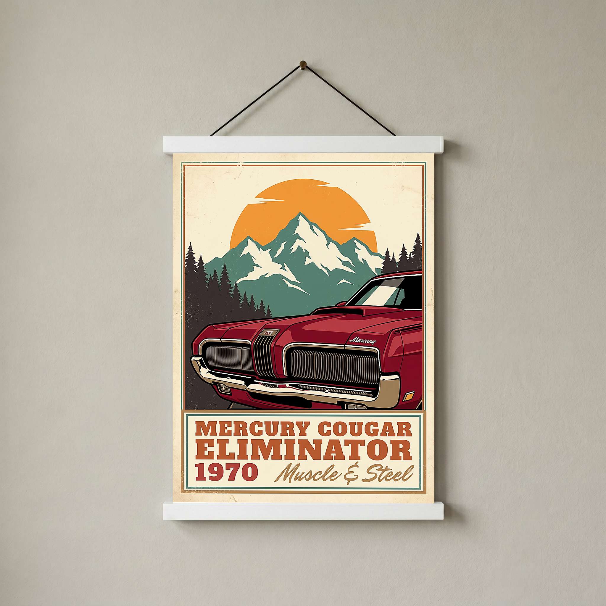 Mercury Cougar Eliminator 1970 V3 Poster — Vintage Muscle Front Grille Mountain Print