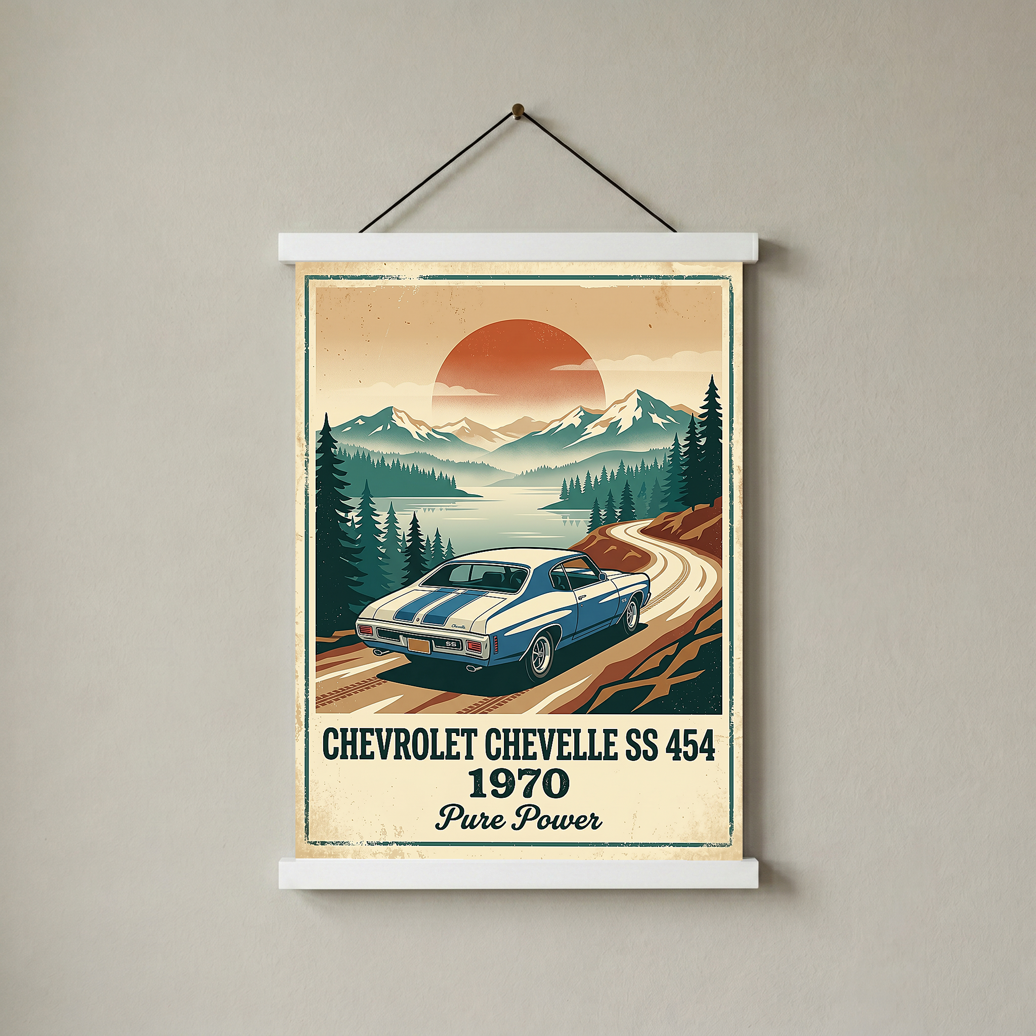 Chevrolet Chevelle SS 454 1970 Sky Blue Poster — Vintage Muscle Car Mountain Lake Print