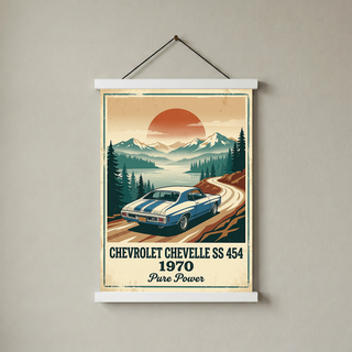 Chevrolet Chevelle SS 454 1970 Sky Blue Poster — Vintage Muscle Car Mountain Lake Print