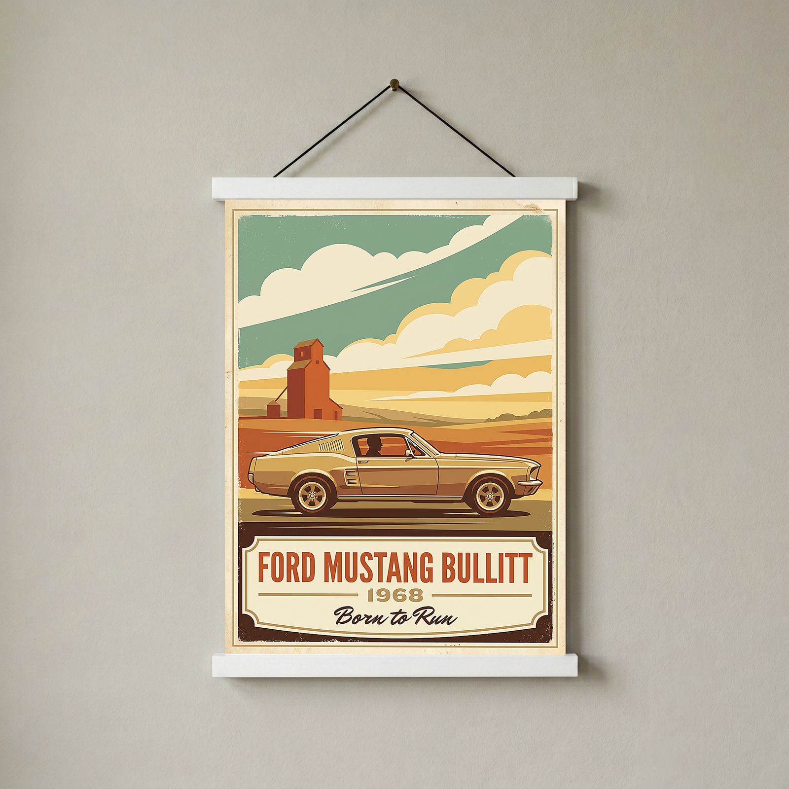 Ford Mustang Bullitt 1968 V2 Poster — Vintage Muscle Country Silo Print