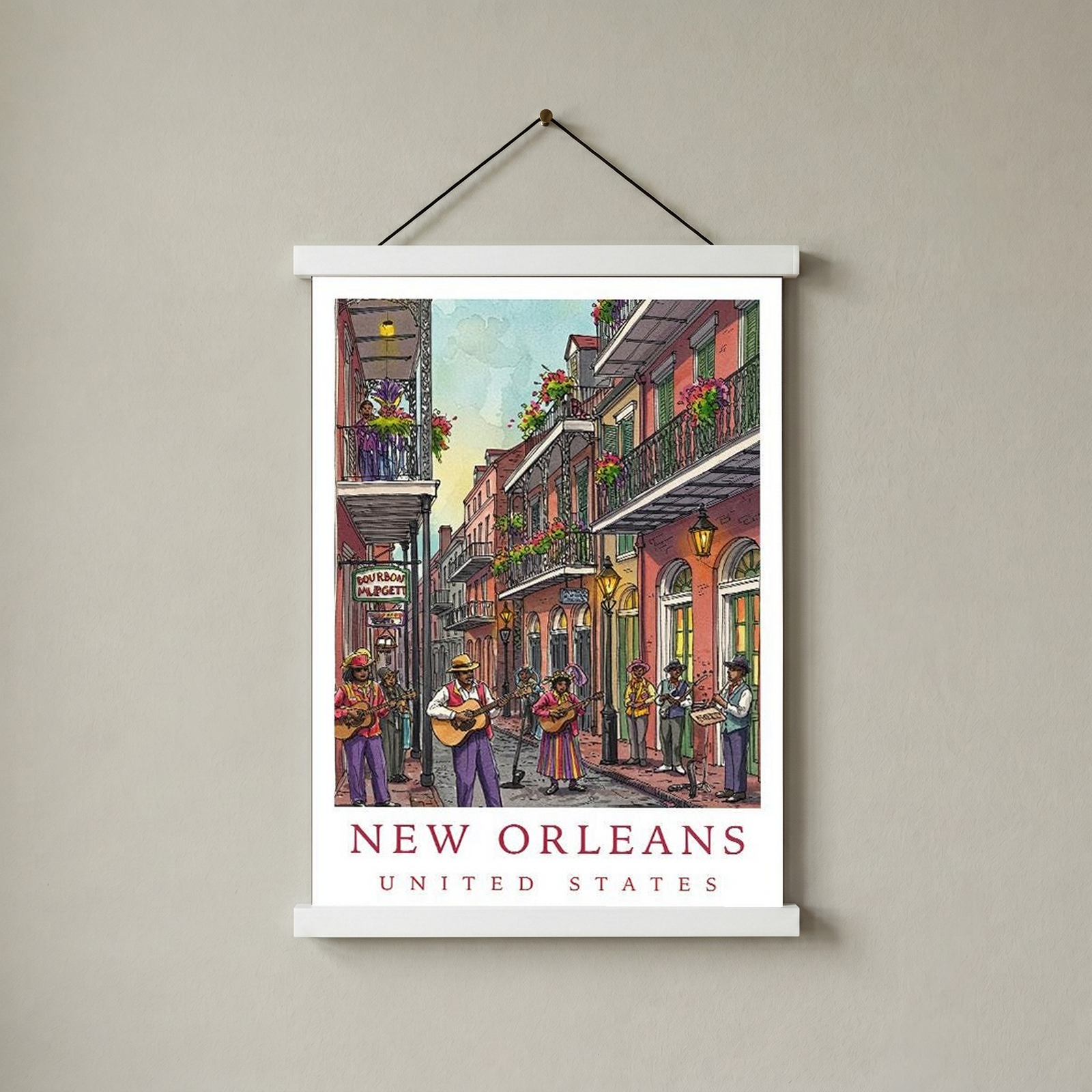 New Orleans Travel Poster — French Quarter Jazz Buskers Street Print