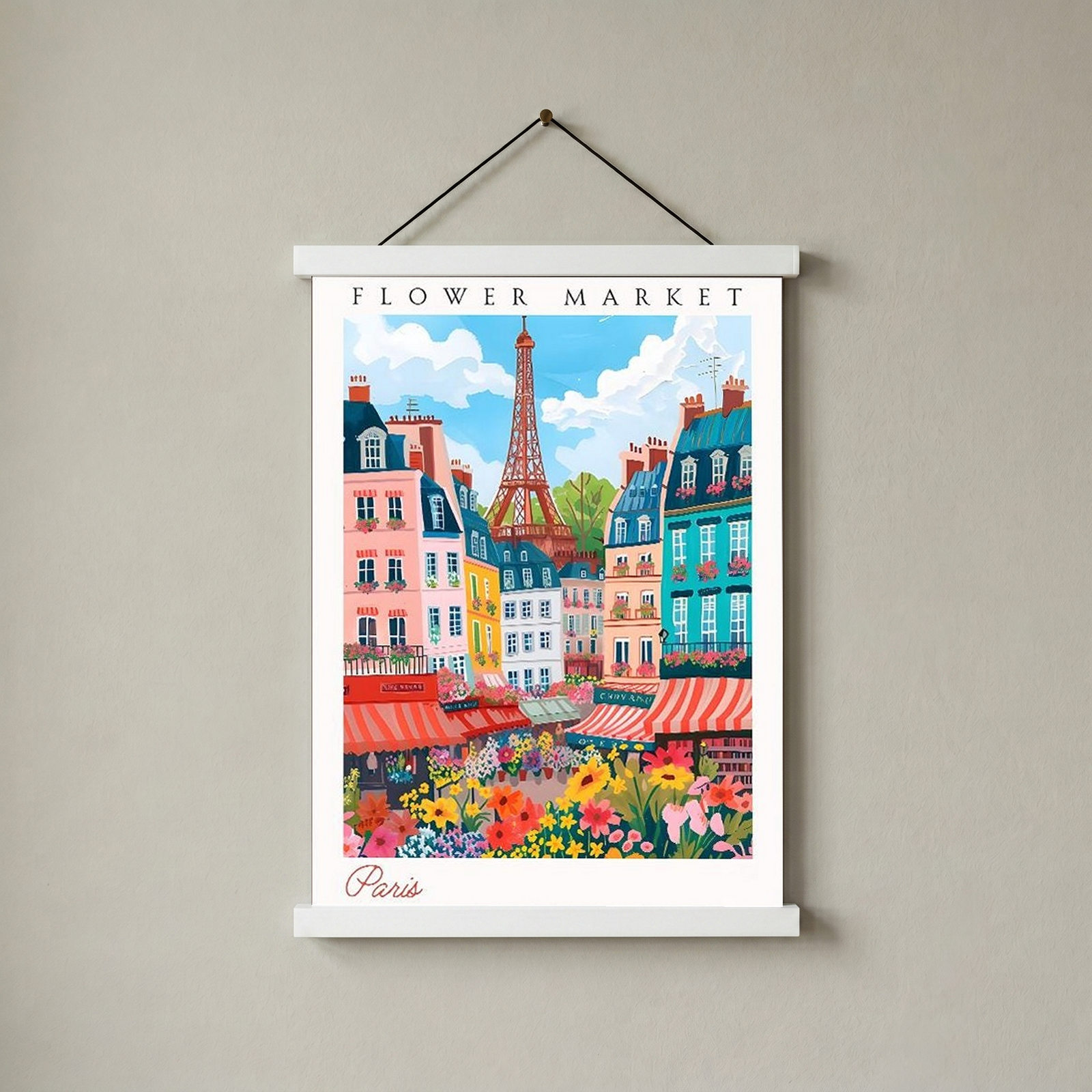 Paris Flower Market Print — Eiffel Tower Cityscape French Botanical Art
