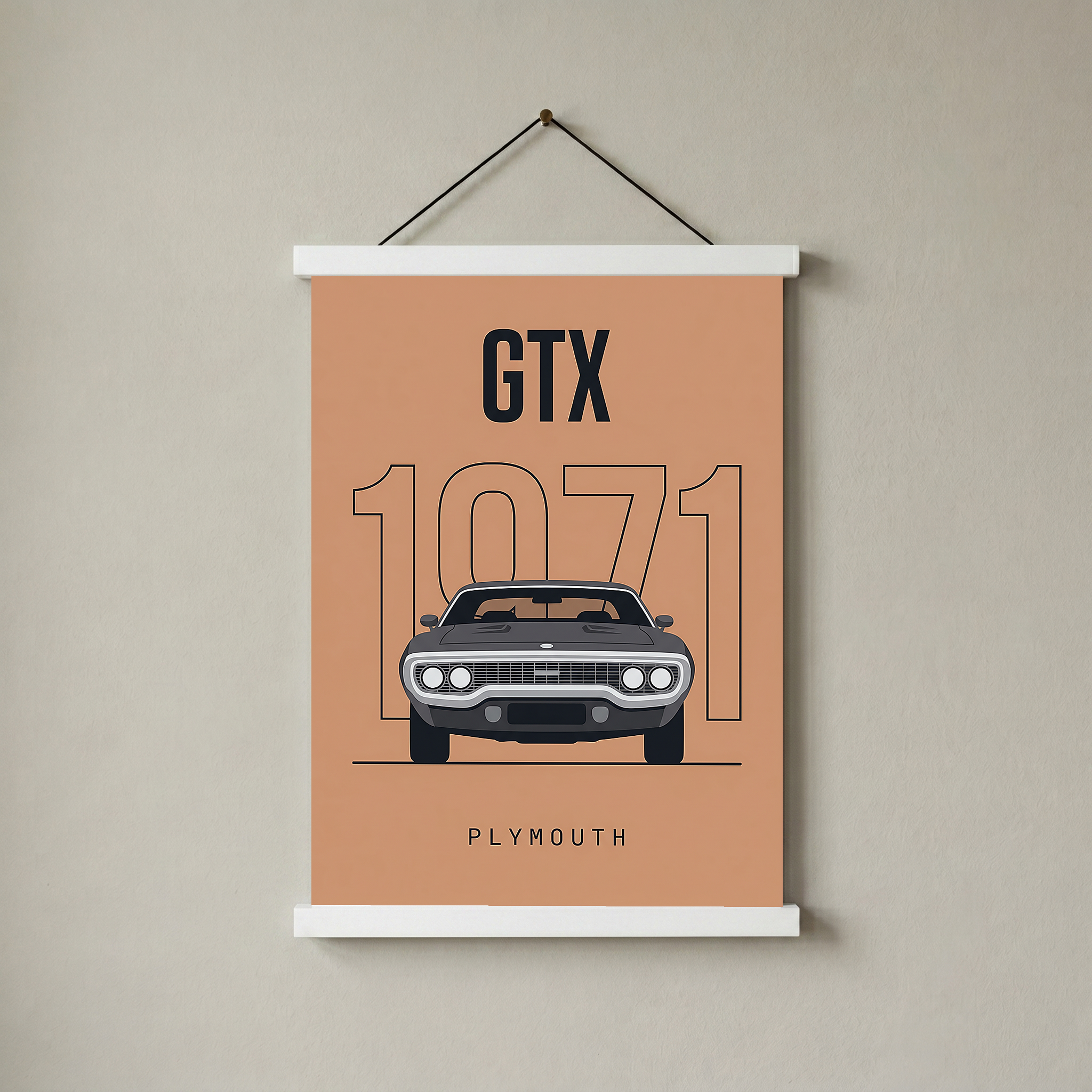 Plymouth GTX 1971 Minimalist Poster — Peach B-Body Muscle Line Art
