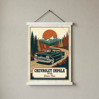 Chevrolet Impala 1958 Poster — Vintage Muscle Mountain Pine Sunset Print