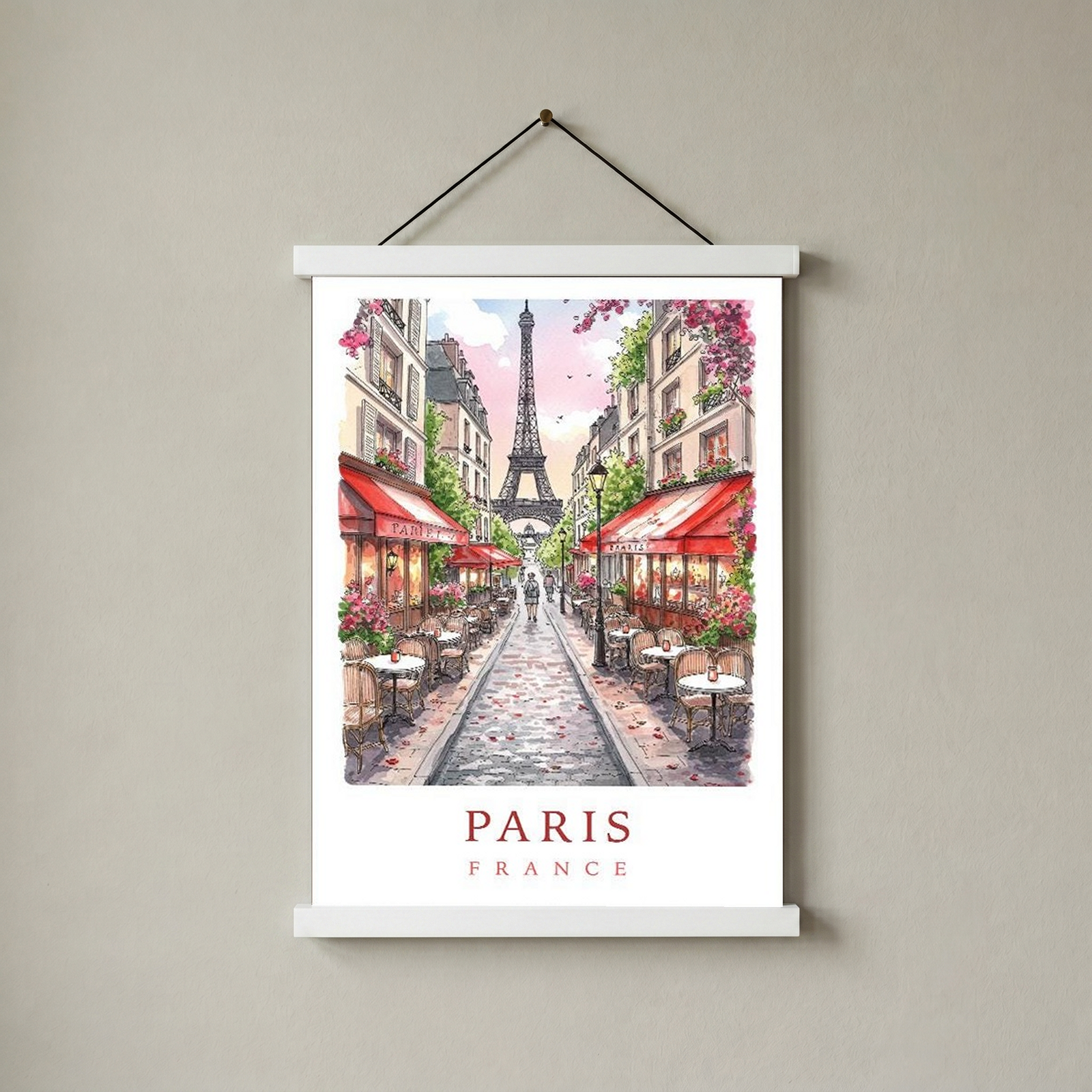 Paris France Travel Poster — Eiffel Tower Street Cafe Print