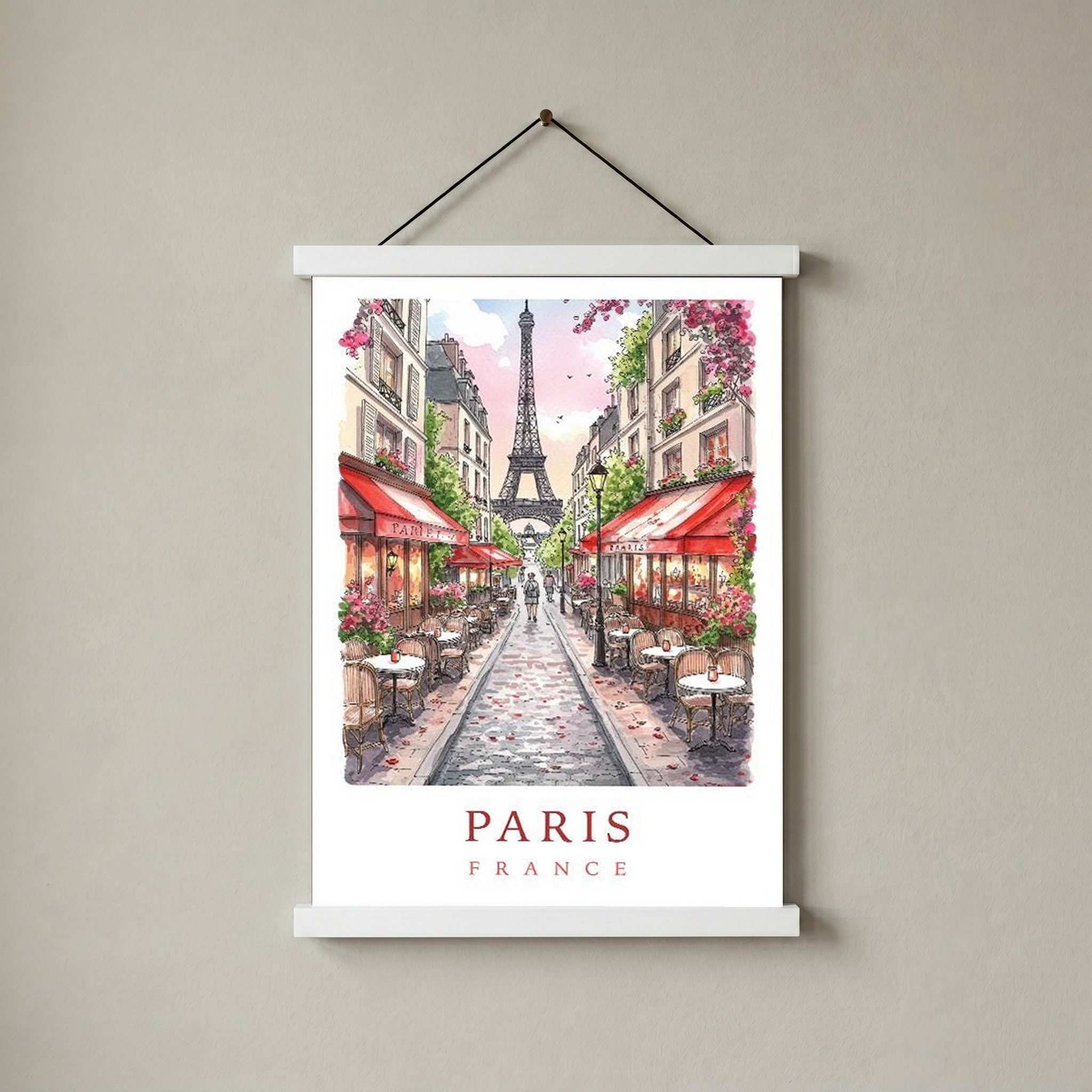 Paris France Travel Poster — Eiffel Tower Street Cafe Print
