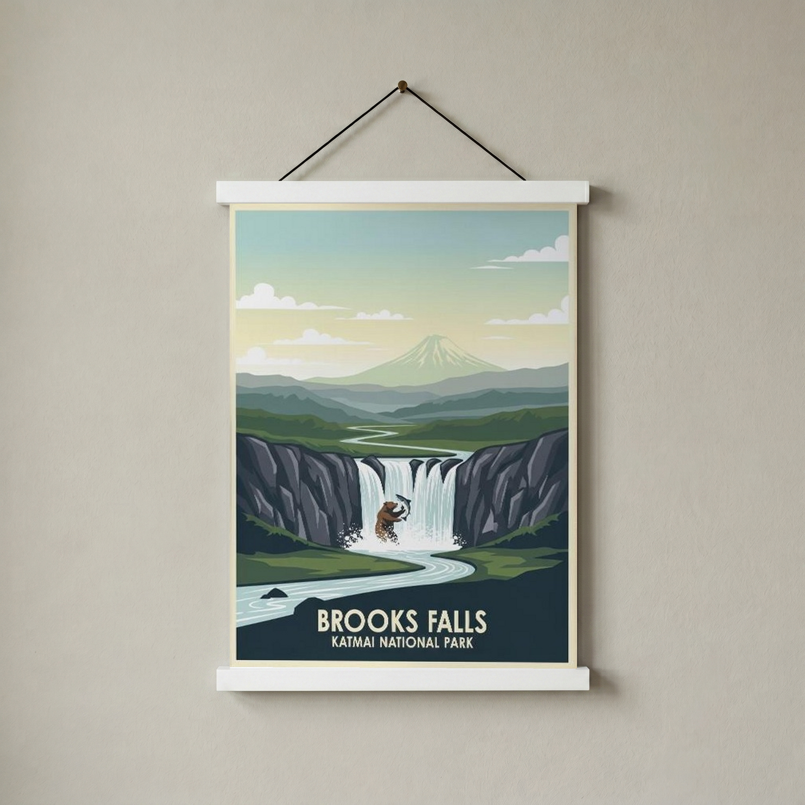 Katmai National Park Poster — Vintage Alaska Brooks Falls Brown Bear Salmon Print