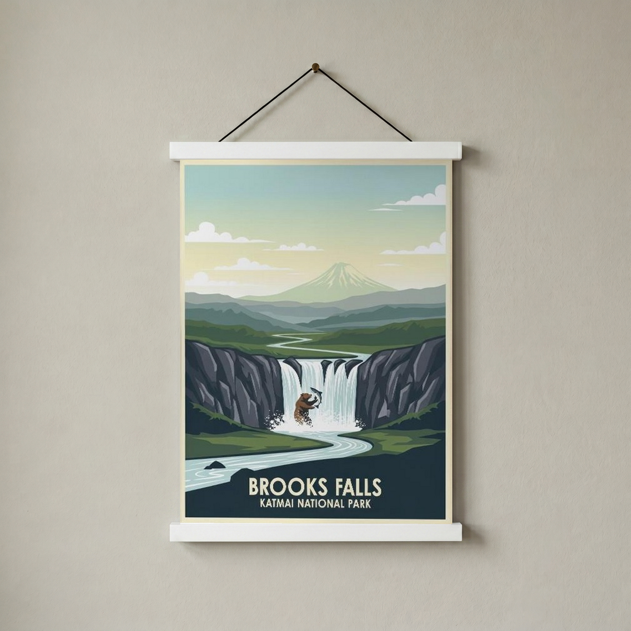 Katmai National Park Poster — Vintage Alaska Brooks Falls Brown Bear Salmon Print