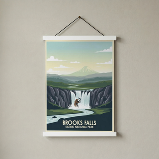 Katmai National Park Poster — Vintage Alaska Brooks Falls Brown Bear Salmon Print