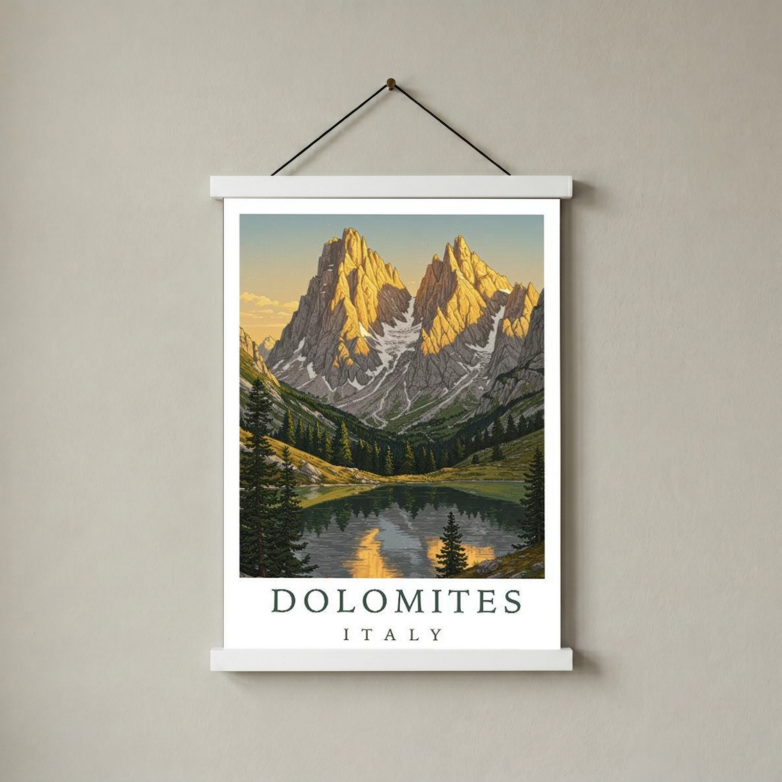Dolomites Italy Travel Poster — Vintage Alpine Mountain Lake Print